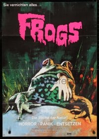 9w561 FROGS German 1973 horror art of man-eating amphibian with human hand hanging from mouth!