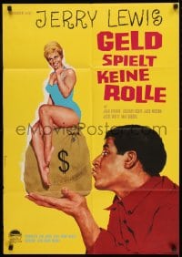 9w587 IT'S ONLY MONEY German 1963 Peltzer art of private eye Jerry Lewis w/money bag & sexy girl!