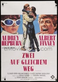 9w701 TWO FOR THE ROAD German 1967 different art of Audrey Hepburn & Albert Finney, Stanley Donen!