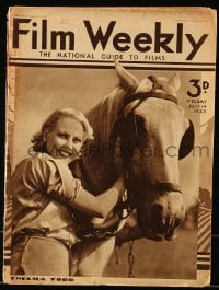 9x295 FILM WEEKLY English magazine July 14, 1933 cover portrait of Thelma Todd smiling by horse!
