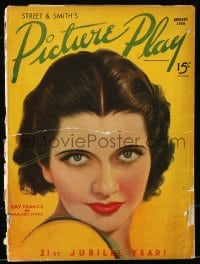 9x476 PICTURE PLAY magazine January 1936 great cover art of Kay Francis by Marland Stone!