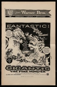 9x672 GIGANTIS THE FIRE MONSTER pressbook 1959 cool art of Godzilla breathing flames at Angurus!