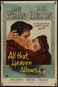 9y030 ALL THAT HEAVEN ALLOWS 1sh 1955 close up romantic art of Rock Hudson kissing Jane Wyman!
