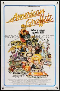 9y036 AMERICAN GRAFFITI 1sh 1973 George Lucas teen classic, Mort Drucker montage art of cast!