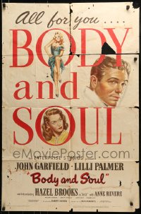 9y106 BODY & SOUL 1sh 1947 boxing, John Garfield, art of Lilli Palmer & sexy Hazel Brooks!