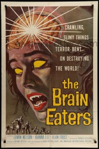 9y115 BRAIN EATERS 1sh 1958 AIP, classic horror art of girl's brain exploding!