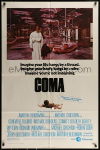 9y160 COMA 1sh 1977 Genevieve Bujold finds room full of coma patients in special harnesses!