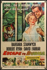 9y268 ESCAPE TO BURMA 1sh 1955 Robert Ryan & Barbara Stanwyck in the jungle!