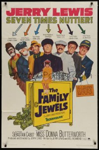 9y287 FAMILY JEWELS 1sh 1965 Jerry Lewis is seven times nuttier in seven roles, wacky art!