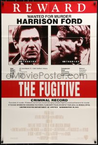 9y327 FUGITIVE recalled int'l 1sh 1993 Harrison Ford is on the run, cool wanted poster design!