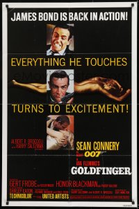 9y349 GOLDFINGER 1sh R1980 three great images of Sean Connery as James Bond 007!