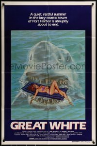 9y365 GREAT WHITE style A 1sh 1982 great artwork of huge shark attacking girl in bikini on raft!