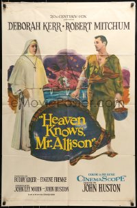 9y388 HEAVEN KNOWS MR. ALLISON 1sh 1957 barechested Robert Mitchum w/rifle & nun Deborah Kerr!