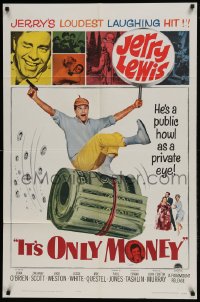 9y438 IT'S ONLY MONEY 1sh 1962 wacky private eye Jerry Lewis carrying enormous wad of cash!