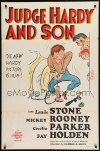 9y456 JUDGE HARDY & SON style C 1sh 1939 art of Mickey Rooney as Andy Hardy fixing flat w/sexy girls!