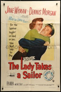 9y482 LADY TAKES A SAILOR 1sh 1949 great close up of Jane Wyman hugging boat captain Dennis Morgan!