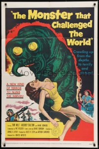 9y580 MONSTER THAT CHALLENGED THE WORLD 1sh 1957 great artwork of creature & its victim!