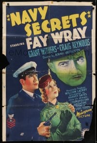 9y605 NAVY SECRETS 1sh 1939 cool artwork of Grant Withers with gun, Craig Reynolds, Fay Wray!