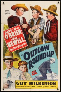 9y650 OUTLAW ROUND-UP 1sh 1944 stone litho art of the Texas Rangers, Dave O'Brien & Jim Newill!