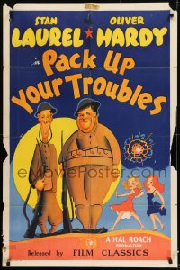 9y652 PACK UP YOUR TROUBLES 1sh R1944 wacky different artwork of Laurel & Hardy!