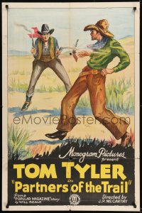 9y657 PARTNERS OF THE TRAIL 1sh 1931 stone litho art of Tom Tyler shooting gun out of man's hand!