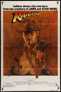 9y698 RAIDERS OF THE LOST ARK 1sh 1981 great art of adventurer Harrison Ford by Richard Amsel!