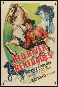 9y707 RED RIVER RENEGADES 1sh 1946 great art of cowboy Sunset Carson & Peggy Stewart!