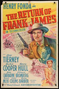 9y713 RETURN OF FRANK JAMES style A 1sh 1940 stone litho of Henry Fonda & Gene Tierney, Fritz Lang!