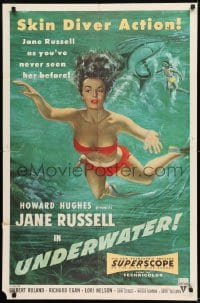 9y916 UNDERWATER 1sh 1955 Howard Hughes, art of sexiest skin diver Jane Russell swimming by shark!