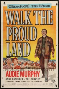 9y940 WALK THE PROUD LAND 1sh 1956 art of Audie Murphy & Native American Anne Bancroft!