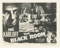 9z081 BLACK ROOM LC R1955 creepy Boris Karloff leaning back in chair peeling apple!