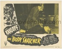 9z095 BODY SNATCHER LC #8 R1952 close up of Boris Karloff kneeling over unconscious Bela Lugosi!