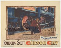 9z133 CARSON CITY LC #8 1952 cowboy Randolph Scott in Nevada with a gun crouching by train!