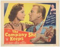 9z166 COMPANY SHE KEEPS LC #5 1951 romantic close up of sexy Jane Greer & Dennis O'Keefe!