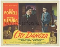 9z184 CRY DANGER LC #4 1951 close up of Dick Powell holding gun on dapper William Conrad's back!