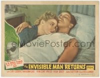 9z409 INVISIBLE MAN RETURNS LC #2 R1948 great close up of Vincent Price holding Nan Grey in bed!