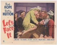 9z484 LET'S FACE IT LC #8 1943 wacky image of soldiers watching Betty Hutton choking Bob Hope!