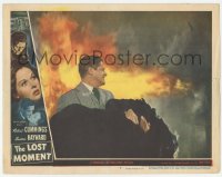9z505 LOST MOMENT LC #5 1947 great image of Bob Cummings carrying old lady from blazing inferno!