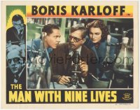 9z539 MAN WITH NINE LIVES LC #4 R1947 great close up of Boris Karloff in laboratory with microscope!