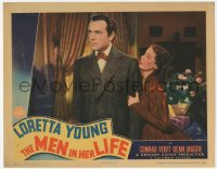 9z551 MEN IN HER LIFE LC 1941 great close up of Loretta Young grabbing Dean Jagger's arm!