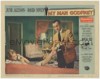 9z578 MY MAN GODFREY LC #4 1957 butler David Niven helps pretty Martha Hyer with her shoe!