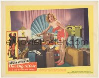 9z618 ONE BIG AFFAIR LC #6 1952 great c/u of sexy Evelyn Keyes in skimpy outfit with luggage!