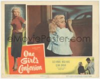 9z620 ONE GIRL'S CONFESSION LC 1953 c/u of sexy bad girl Cleo Moore trying to climb out window!