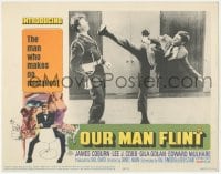 9z625 OUR MAN FLINT LC 1966 James Coburn kicking bad guy in the face, James Bond spy spoof!