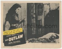 9z629 OUTLAW LC R1950 Jane Russell about to stab sleeping Jack Buetel with knife, Howard Hughes