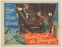 9z682 RACHEL & THE STRANGER LC #2 1948 William Holden stares at Loretta Young standing by piano!