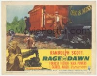9z683 RAGE AT DAWN LC #5 1955 Randolph Scott & men leap from moving train to attack bad guys!