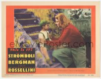 9z823 STROMBOLI LC #8 1950 Ingrid Bergman with young boy on stairs, directed by Roberto Rossellini