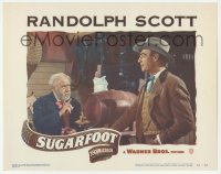 9z827 SUGARFOOT LC #7 1951 close up of cowboy Randolph Scott talking to old man by keg!