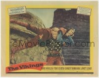 9z928 VIKINGS LC #4 1958 great image of tough Kirk Douglas about to throw a man over his head!